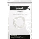 A product packaging labeled "Ashford Drive Band for Wooden Bobbin Winder" contains a coiled white Polycord drive band, 534 mm x 2 mm, inside a clear plastic bag. The label features the Ashford Handicrafts Limited logo and company contact information at the bottom.