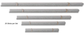 Bundles of metal rods in five different lengths, each tied with a brown string. The text on the image reads "20 Sticks per Set." These Ashford Cardboard Warping Sticks by Ashford Handicrafts Limited are arranged in descending order, from top to bottom, with the longest bundle at the top and the shortest at the bottom.