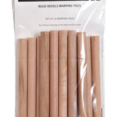 A clear plastic package containing fourteen wooden pegs for Rigid Heddle warping by the indirect method. The label on the package reads "Ashford Handicrafts Limited Ashford Rigid Heddle Warp Pegs (14/pack) - For indirect warping on the Rigid Heddle Loom.”