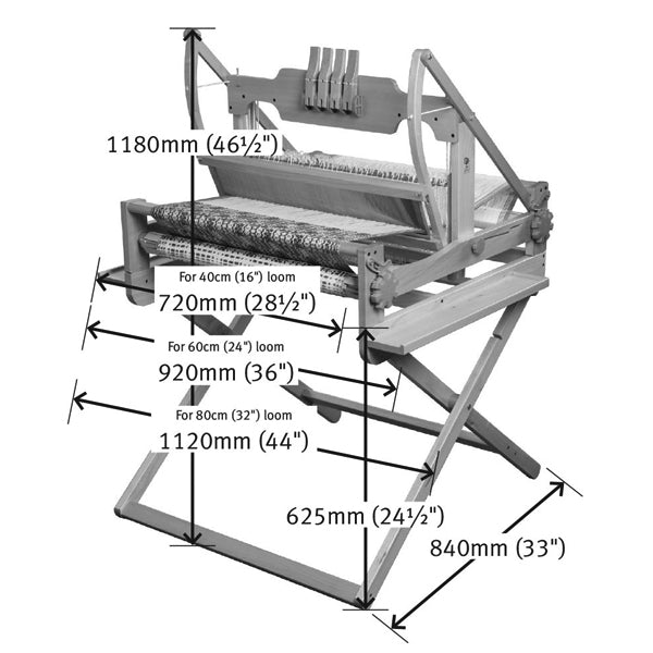 The Ashford Stand for Table Loom by Ashford Handicrafts Limited features a black and white diagram with labeled dimensions in various sizes such as 40cm, 60cm, and 80cm. This loom boasts a sturdy frame that requires no screws for assembly and conveniently folds flat for easy storage. Measurements are available in both millimeters and inches.