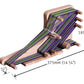 The Ashford Inklette Loom by Ashford Handicrafts Limited is a lightweight wooden loom shown with yarn threaded in green, purple, and black. It features measurements of 185mm (7 1/4") in height, 375mm (14 3/4") in length—ideal for weaving—and 115mm (4 1/2") in width. The loom includes pegs for holding and guiding the yarn.