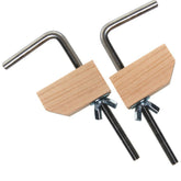 Two metal L-shaped clamp tools with wooden blocks and threaded rods from Ashford Handicrafts Limited. The Clamps for Ashford Products (pair) feature wing nuts for easy tightening and are designed to secure materials during woodworking or other projects, making them perfect loom clamps for your Ashford Rigid Heddle Loom.