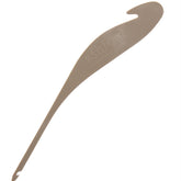 The Ashford Double Ended Reed and Heddle Hook by Ashford Handicrafts Limited is a beige plastic threading hook for loom weaving, featuring a curved handle with a hook on one end and a sharper point on the other. Ideal for use with nylon heddle hooks, the word "Ashford" is embossed on the handle.