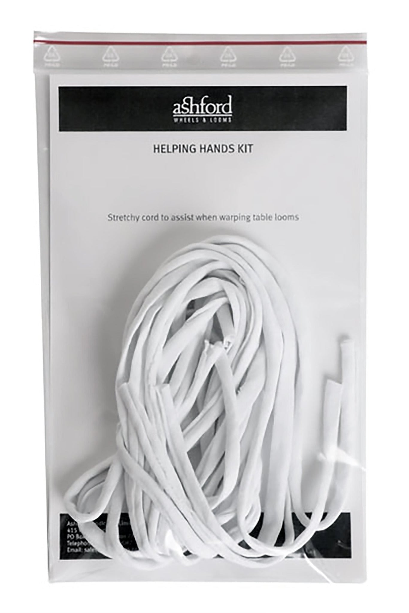 The Ashford Helping Hands Kit - Stretchy Cord for Warping from Ashford Handicrafts Limited comes in a clear plastic package, prominently displaying the coiled, white, stretchy cord inside. This cord is designed to assist with loom warping and is perfect for keeping lease sticks organized.