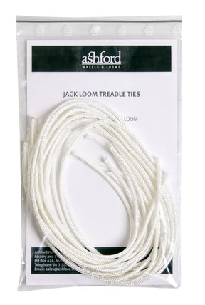 A clear plastic bag labeled "Ashford Handicrafts Limited" contains white cord referred to as "Ashford Jack Loom Treadle Ties (10/pack)." The cords are neatly coiled and heat finished to ensure no fraying. The bag also includes contact information for the Ashford company.