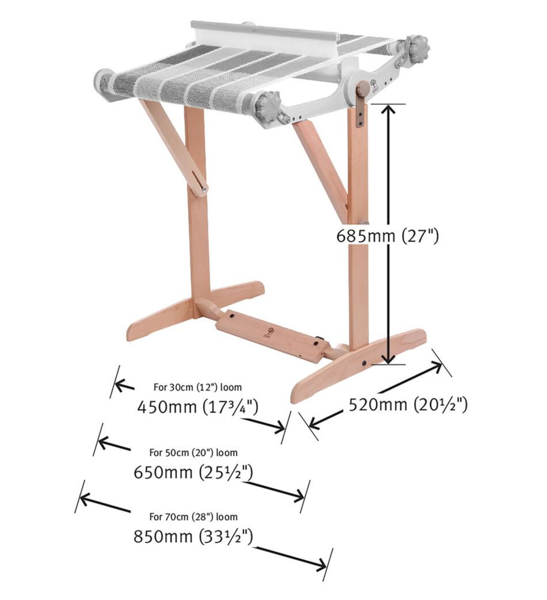 The Ashford Knitters Loom Stand, Variable Size with Support Brace by Ashford Handicrafts Limited, is a sophisticated loom stand made from silver beech hardwood and metal. It features an adjustable height of up to 685mm (27 inches) and can accommodate looms with widths of 30cm, 50cm, and 70cm through precise width settings of 450mm, 650mm, and 850mm respectively. Ideal for use with a Knitters Loom.