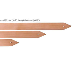 Three Ashford Pick Up Sticks by Ashford Handicrafts Limited, featuring pointed ends with holes near the tips, are aligned next to each other against a white background. These copper-colored earthing rods vary in length from 277 mm (10.9 inches) to 840 mm (33.07 inches).