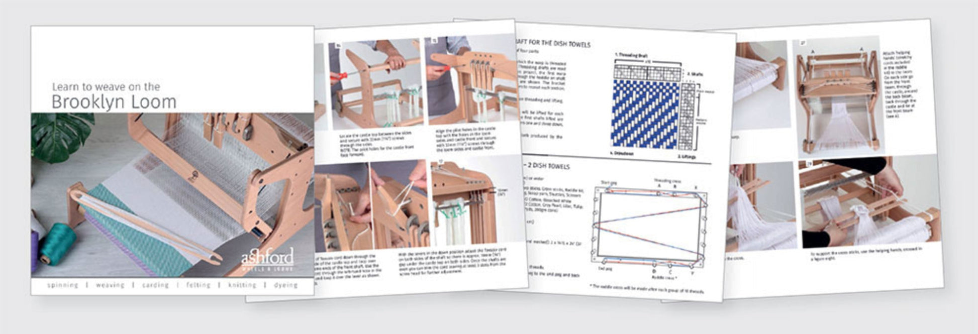 An instructional booklet entitled "Learn to Weave on the Ashford Brooklyn 16" Table Loom" offers step-by-step guides, diagrams, and images for weaving on the Ashford Brooklyn 16" Table Loom 4-Shaft. The pages provide detailed instructions and visuals on multi-shaft weaving techniques and patterns.