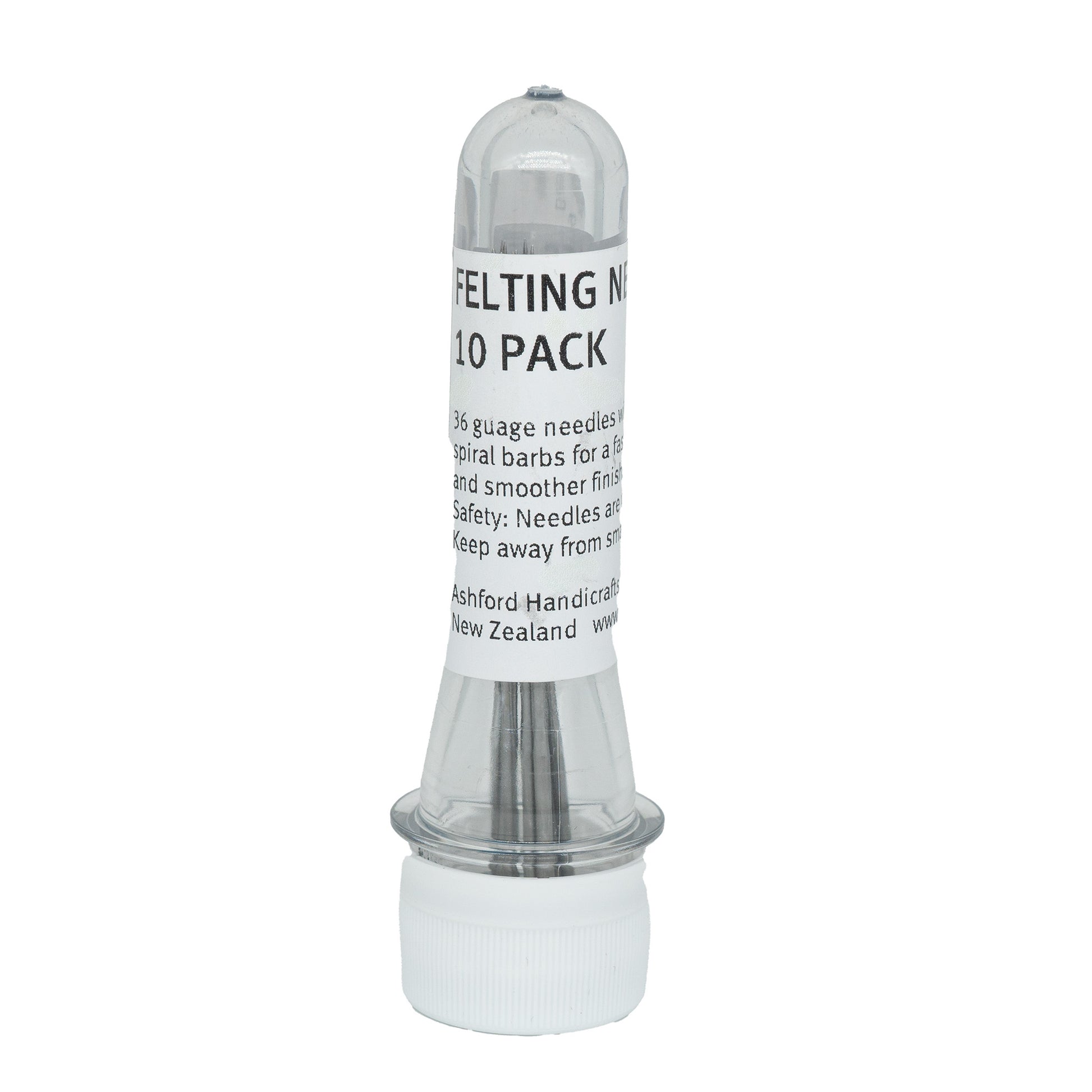 A clear cylindrical container houses a 10-pack of Ashford 36 Gauge Medium Felting Needles, featuring branding from Ashford Handicrafts Limited and safety warnings. The white cap allows the needles inside to remain visible.