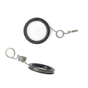 Two Ashford Sliding Flyer Hooks in black and silver metal, featuring attached loops and clips, are positioned at different angles on a white background.