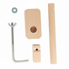 The Ashford Warping Peg & Clamp by Ashford Handicrafts Limited includes assorted wooden components and metal hardware, such as a warping peg and features like a cylindrical rod, a block with a hole, a wing nut screw, and a washer, all displayed on a white background.