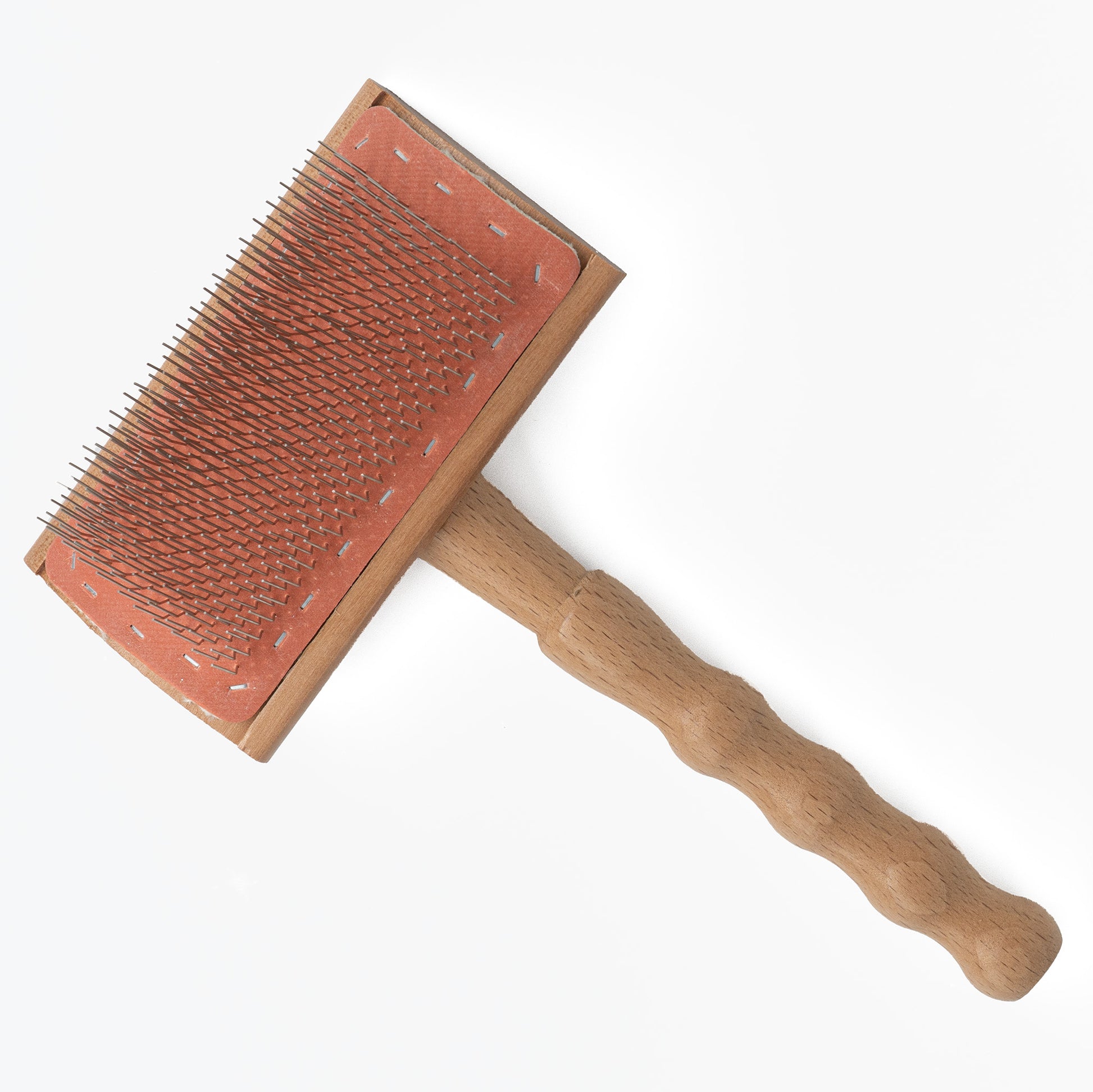 Inspired by the Brush for Ashford Blending Board from Ashford Handicrafts Limited, this pet grooming brush features a wooden handle and a spacious rectangular head equipped with fine metal bristles at 72 points per square inch. It's perfect for detangling and removing loose fur, set against a simple white backdrop.