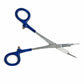 Introducing the Tool Tron Industries Clamp & Cut Scissors 6.5", a pair of specialized medical-grade scissors featuring blue plastic-covered finger loops and silver metal blades. These multi-purpose tools are designed for intricate cutting tasks, boasting a unique angular blade shape perfect for precision work.