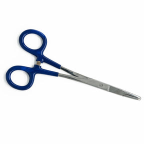 A pair of Clamp & Cut Scissors 6.5" by Tool Tron Industries, featuring curved blue plastic handles and sharp metal blades. Resembling needle nose pliers with their slightly curved tip and pincher-like ends, these scissors are typically used in medical or surgical procedures for precision cutting or clamping. The background is white.