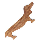 The Dachshund Wiener Dog Weaving Shuttle by Weiner Dog Ranch is a mahogany wooden bottle opener designed in the shape of a dachshund, highlighting its flat, elongated body with stylized details. The smooth surface beautifully displays the exquisite wood grain pattern, similar to the craftsmanship found in handcrafted weaving shuttles.