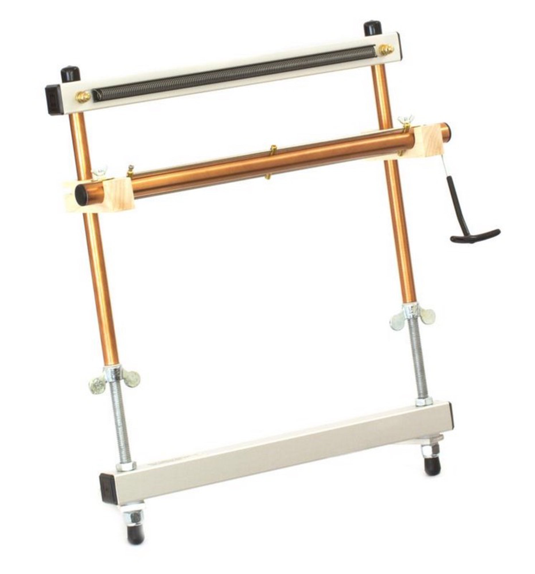 An adjustable copper pipe bender with two parallel copper pipes held in place by a metallic frame. Similar to the sturdy framework of a Mirrix Tapestry Loom by Mirrix Tapestry Looms, this device features a handle for bending pipes and adjustable screws at the base for stability. The frame is primarily silver with some black components.