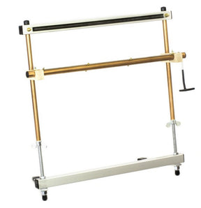 The Mirrix Tapestry Loom by Mirrix Tapestry Looms features a gold and silver adjustable frame with a crank, four vertical rods, and two horizontal bars. This piece of equipment is designed for holding or adjusting objects, much like traditional tapestry weaving looms.