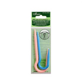 The image displays a package of Bryson Distributing, Inc. Jumbo U Cable Stitch Holders, ideal for knitting with size 15-19 needles. The green packaging features a set of three U-shaped stitch holders in pink, blue, and green, complete with the product description and usage instructions printed on it.