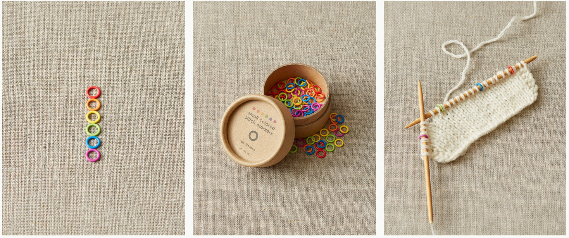 Three images highlight different stages of knitting: the first features Cocoknits' vibrant Colored Ring Stitch Markers, the second shows an open container filled with these essential knitting accessories from Cocoknits, and the third displays a knitted swatch on needles with some Cocoknits nylon coated steel stitch markers in use.