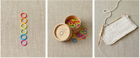 Three images showcasing vibrant, rainbow-colored Cocoknits Colored Ring Stitch Markers and their application. Left: Seven stitch markers in a vertical line, arranged by color. Center: A container with nylon-coated steel Cocoknits Colored Ring Stitch Markers spilling out. Right: A knitting project with these essential knitting accessories placed along the needle.