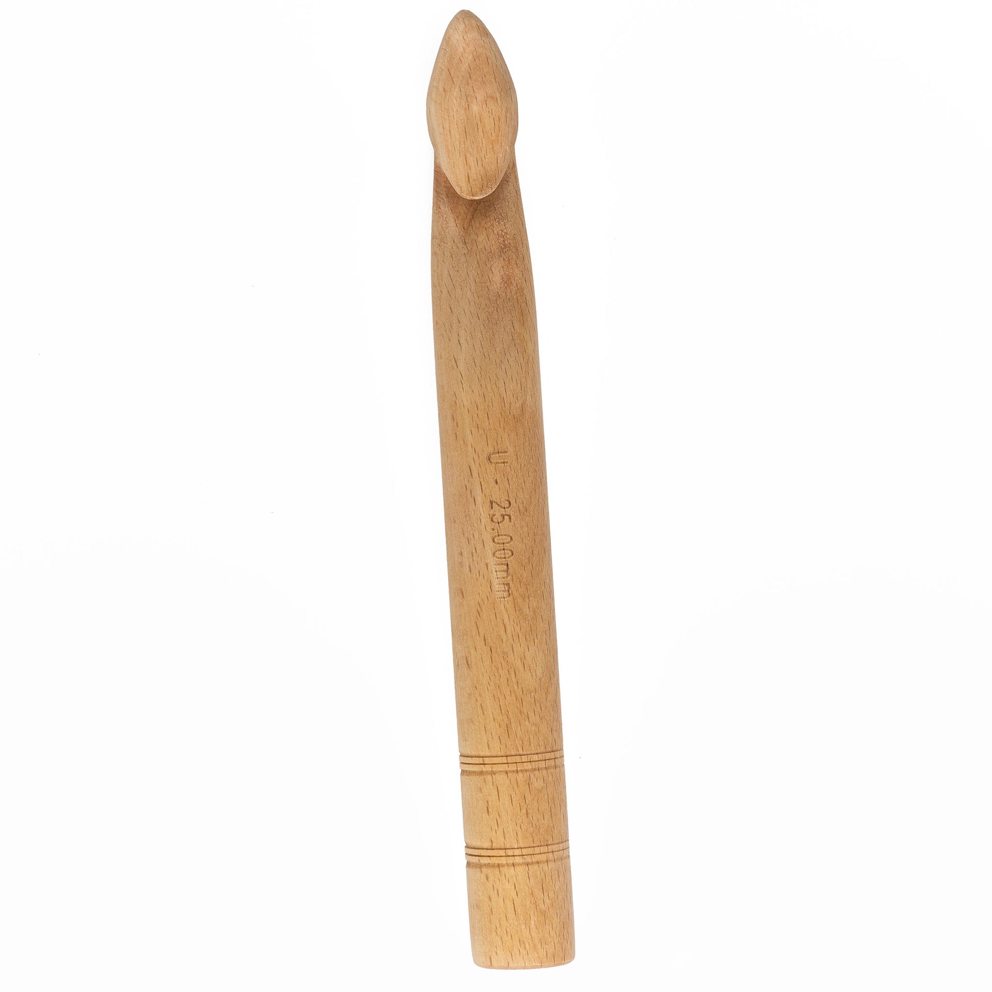 The Basix Jumbo Crochet U (25mm) Hook by Accessories Unlimited is a large wooden crochet hook featuring a smooth finish and an engraved label indicating its size as 25.00 mm. Perfect for jumbo and super bulky projects, this hook boasts a tapered design with a slightly larger, rounded handle for easier grip.