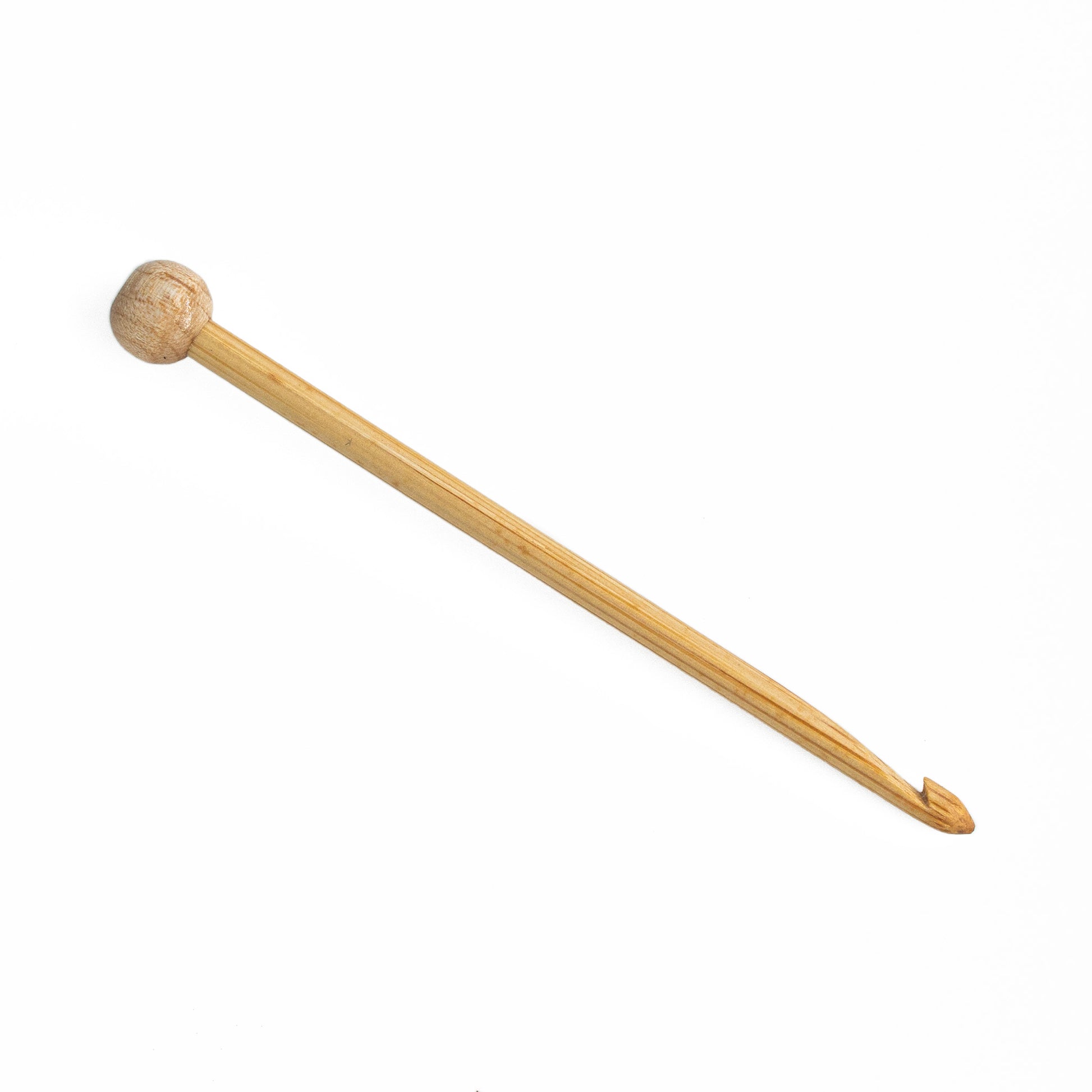 An Accessories Unlimited Bamboo Mini Crochet Hook, featuring a rounded handle and a tapered hook end, placed on a plain white background.