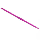 A lightweight crochet hook, the Accessories Unlimited Silvalume Handi Tool in metallic pink, rests on a white background. It has a smooth surface with a tapered point at one end and a hooked tip for catching yarn at the other end, making it perfect for knitting or crocheting projects.