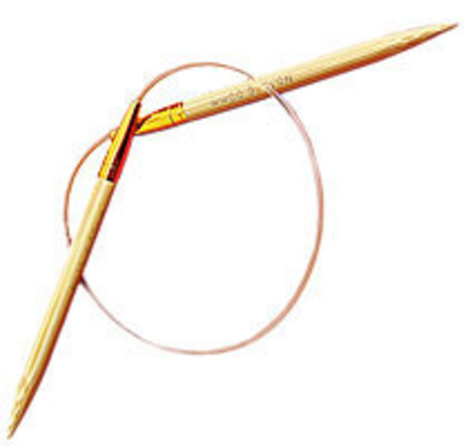 A pair of Accessories Unlimited Circular Bamboo Knitting Needles with golden metal tips and a flexible rotating joint on the connecting cable. The bamboo needles feature engravings on the shafts, all set against a white background.