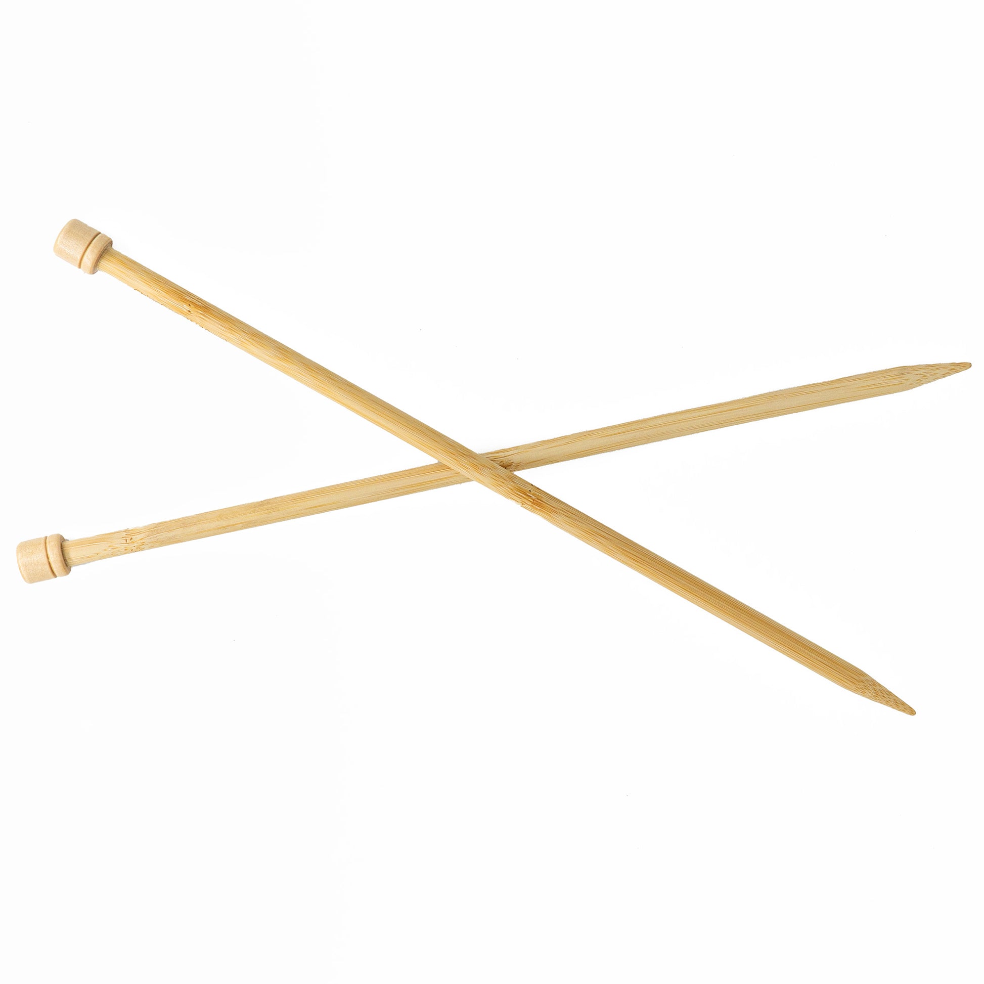 A pair of Accessories Unlimited Bamboo Single-Point Knitting Needles, 12", with pointed tips and rounded ends rests against a white background. The needles are clean and reveal the natural wood grain.