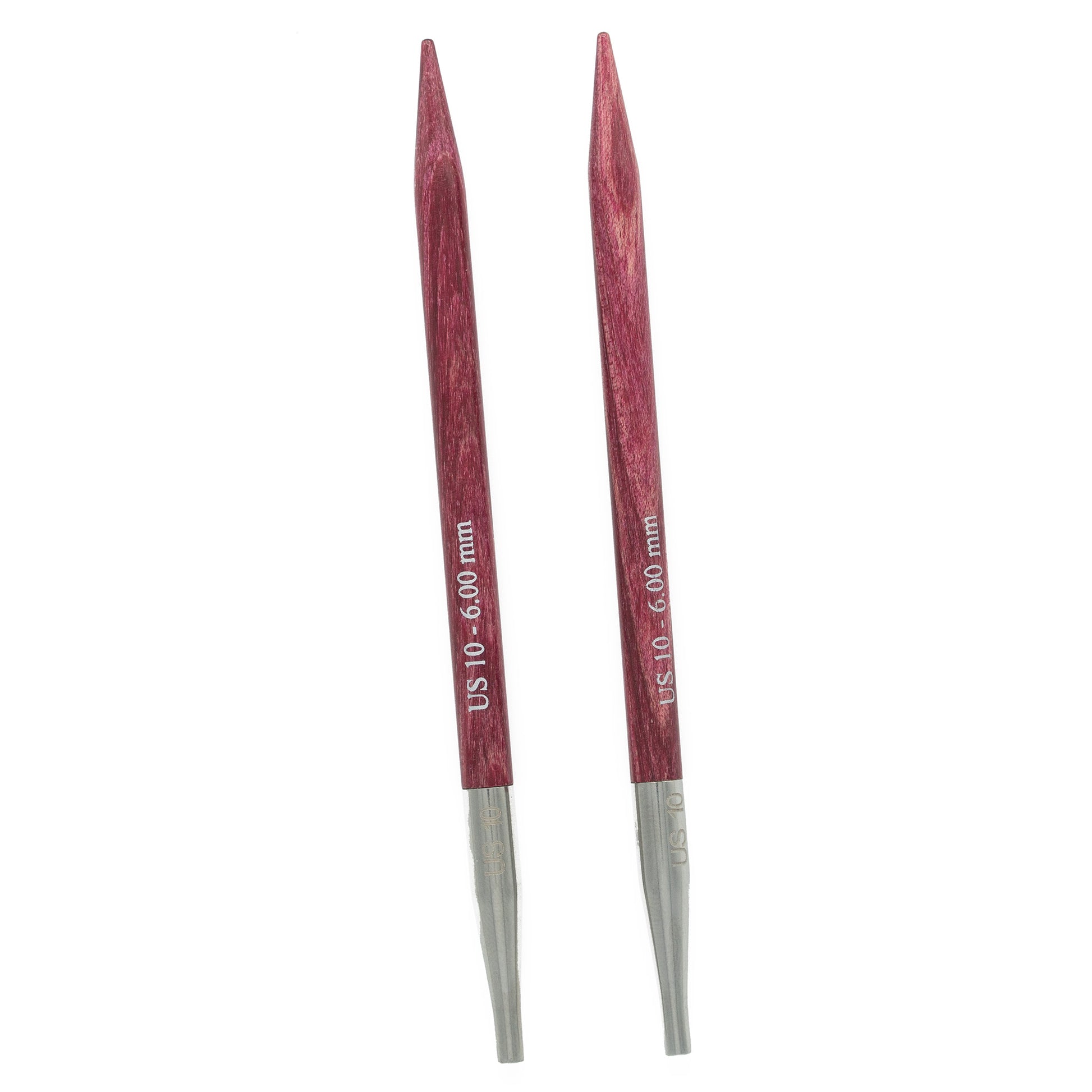 Two wooden knitting needle tips labeled "US 10 - 6.00mm" from the Dreamz Interchangeable Knitting Needle Tips line by Accessories Unlimited, featuring metal connectors at the base. These reddish-hued, tapered-point needles are perfect for attaching to interchangeable circular knitting cords.