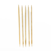 Five Double-Point Bamboo Knitting Needles, 8" from Accessories Unlimited are arranged parallel to each other on a white background. The light beige needles have pointed tips and boast a smooth polished finish, ideal for working with delicate fibers.