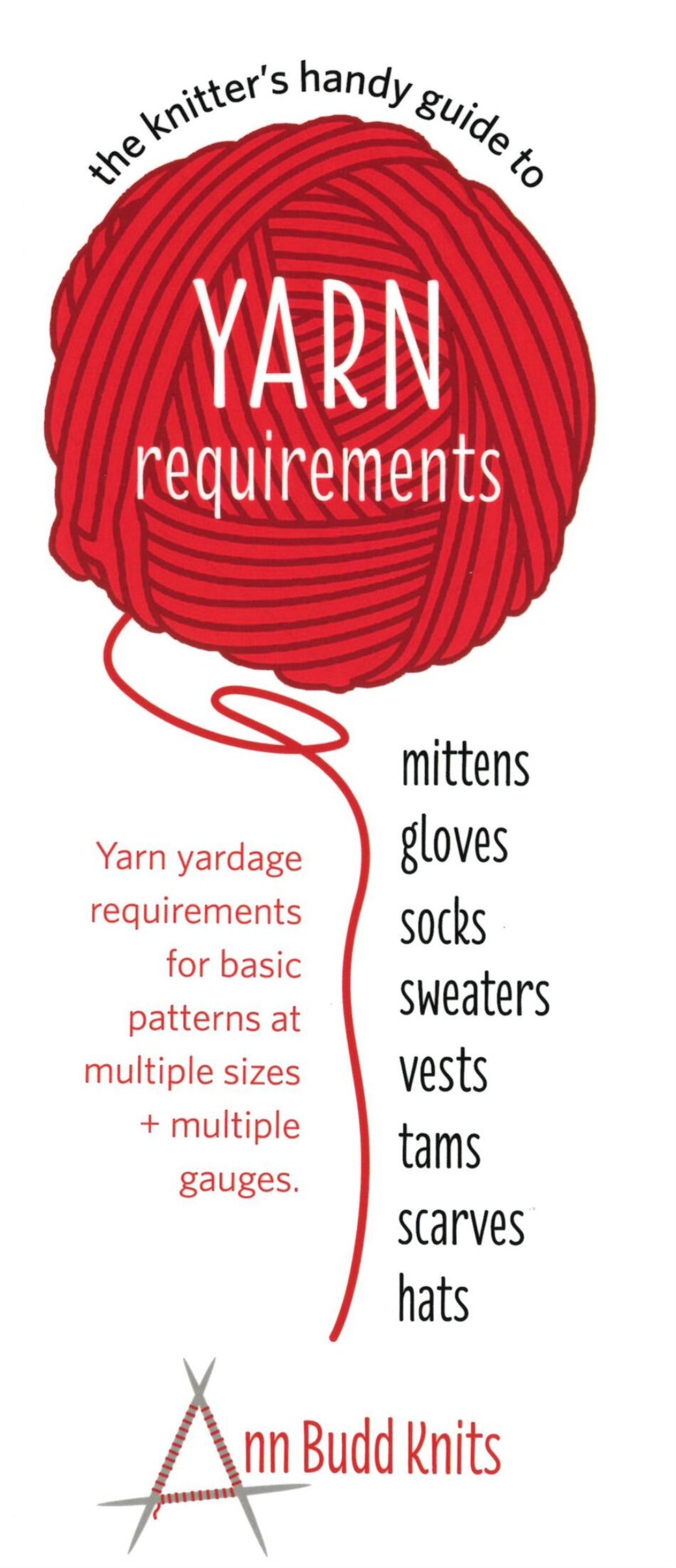 An illustration of red yarn with the text "The Knitter’s Handy Guide to Yarn Requirements" by Ann Budd Knits and "Yarn yardage requirements for basic patterns at multiple sizes + multiple gauges." Below, a list includes mittens, gloves, socks, sweaters, vests, tams, scarves, and hats. Perfect for your knitting bag.