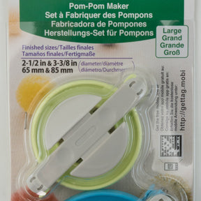 The packaging for the Bryson Distributing, Inc. Pom-Pom Maker set is available in various languages. This set includes tools designed to create pom-poms with finished sizes of 2-1/2 inches (65mm) and 3-3/8 inches (85mm). The circular tools come in different colors, each marked with their respective measurements.