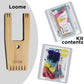 A wooden Loome tool is shown on the left. On the right, there are two Loome Kit - Friendship Bracelets containing a variety of colored yarns, additional tools, and an instruction booklet. The Loome logo is visible on both the tool and kit packaging.