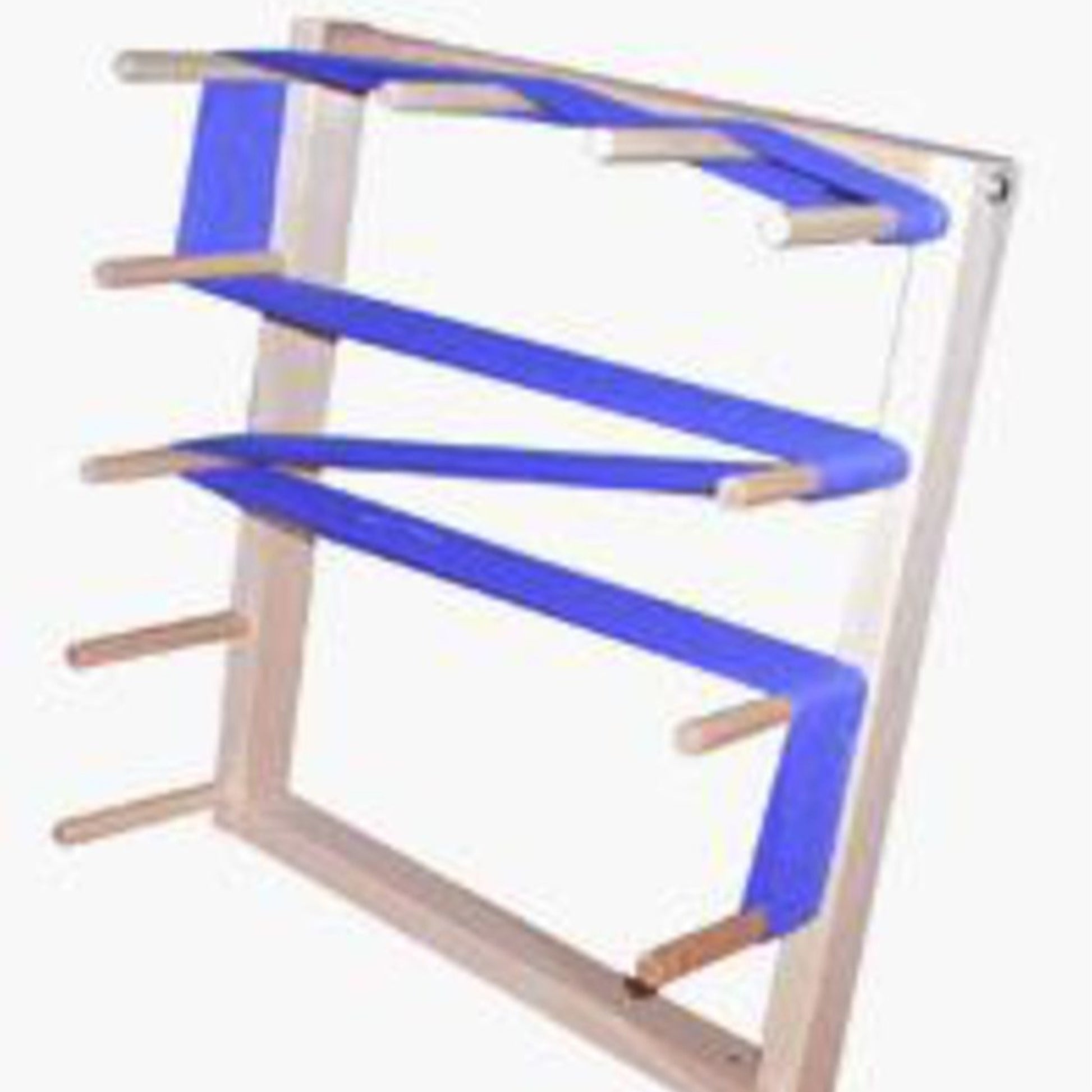 Introducing the Beka Warping Board by Beka: Featuring a metal frame with four horizontal rods, partially wrapped in blue fabric that forms a zigzag pattern from top to bottom. This vertically mounted design offers an economical and easy-to-assemble solution, all set against a clean white background.