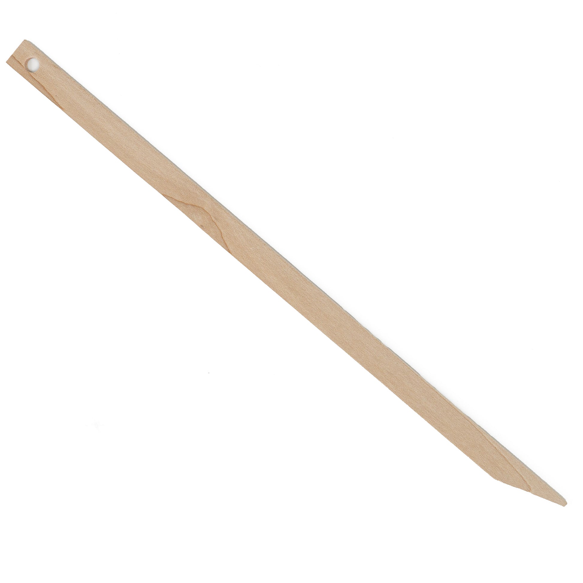 The Beka 12" Wood Weaving Needle, made by Beka, is crafted from wood with a smooth surface and features a pointed end on one side and a small hole on the opposite end for hanging. This tool is ideal for sewing and craft projects, designed to press and shape fabric efficiently.