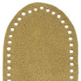 A close-up of one of the 2-Piece Suede Leather Slipper Soles by Bryson Distributing, Inc., showcasing its beige, textured surface and evenly spaced pre-punched holes along the perimeter.