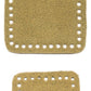 Two pieces of tan-colored suede leather with pre-punched holes around the edges, likely intended for crafting or DIY projects, are included in the 2-Piece Suede Leather Slipper Soles by Bryson Distributing, Inc. The top piece is larger and oval-shaped, while the bottom piece is smaller and rectangular—perfect as slipper soles.