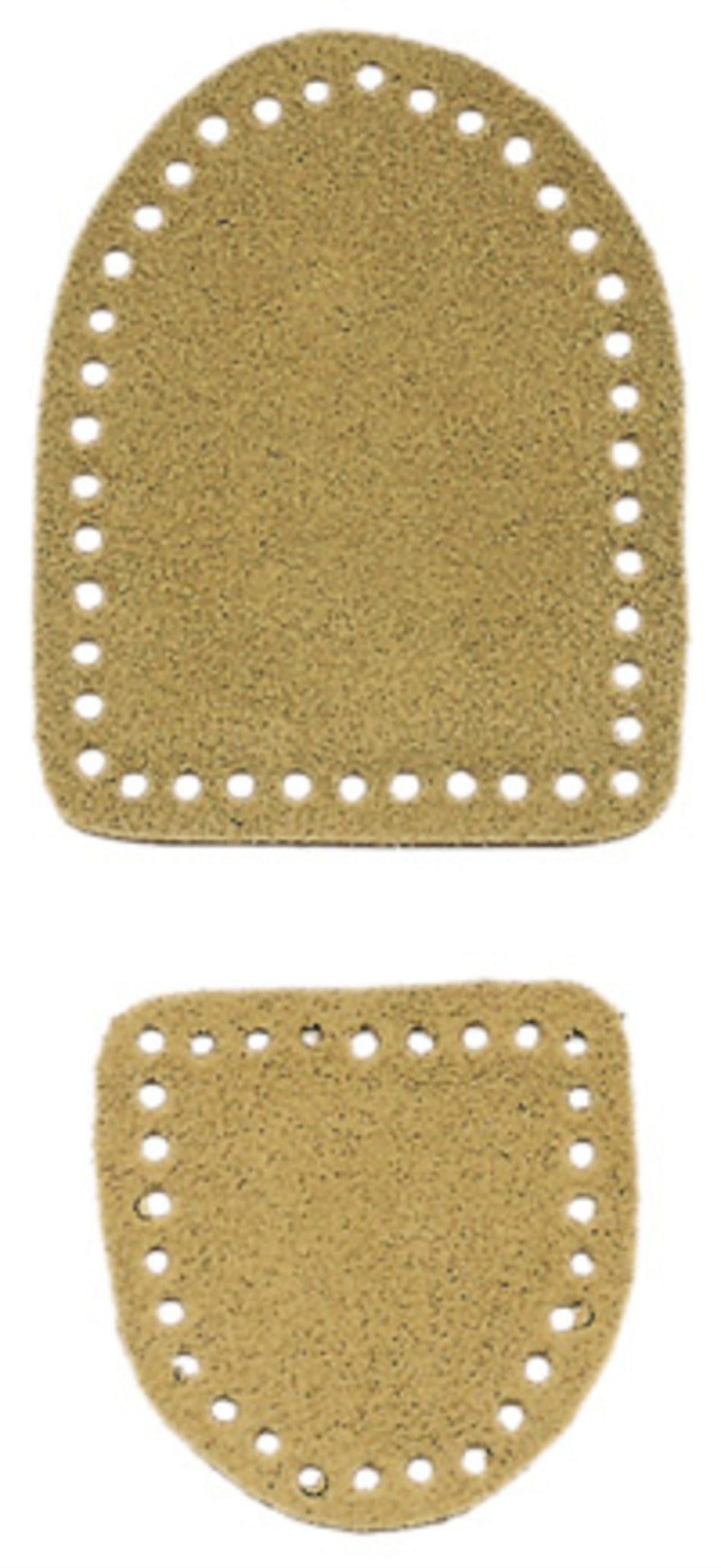 Two pieces of tan-colored suede leather with pre-punched holes around the edges, likely intended for crafting or DIY projects, are included in the 2-Piece Suede Leather Slipper Soles by Bryson Distributing, Inc. The top piece is larger and oval-shaped, while the bottom piece is smaller and rectangular—perfect as slipper soles.