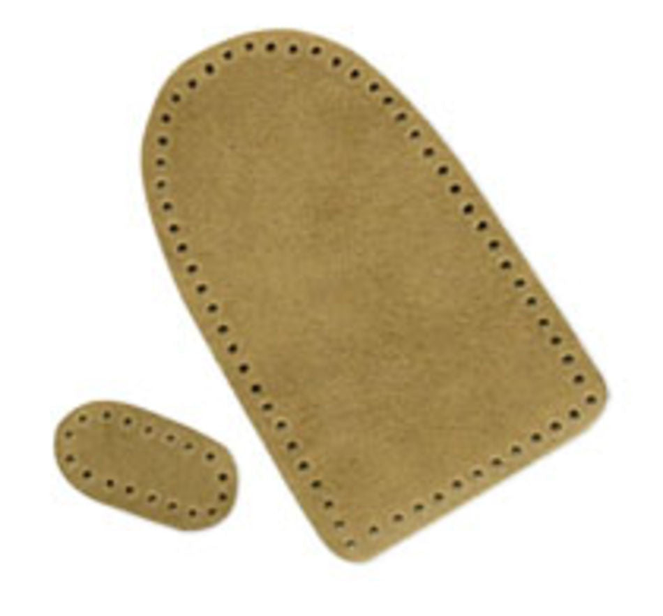 Introducing Bryson Distributing, Inc.'s 2-Piece Mitten Palms: A set of tan-colored suede leather patches with perforated edges for easy sewing. These oval-shaped patches come in two sizes—one larger and one smaller—making them perfect for repairing clothing or felted mittens. The pre-punched holes around the edges facilitate stitching with wool or nylon thread.