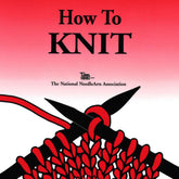 A book cover titled "How to Knit" by Bryson Distributing, Inc. features an illustration of black knitting needles with red yarn in the process of being knitted, set against a red to white gradient background, promising clear diagrams and easy-to-follow instructions for mastering knitting skills.