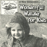 A child wearing a knitted hooded sweatshirt smiles while standing in a field. Text on the image reads "A New Generation... Wonderful Wallaby For Kids" with an inset logo of Cottage Creations, located at 4562 Zinnia Avenue, St. Ansgar, Iowa 50472. The sweatshirt is available in various kids' sizes and features a hand-warming pocket.