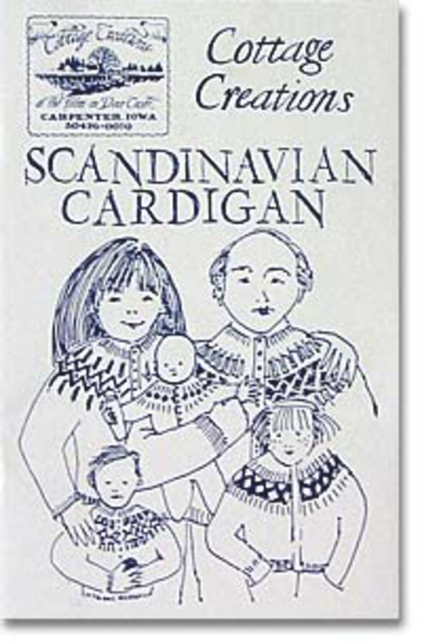 Cover of a knitting pattern booklet titled "Scandinavian Cardigan" by Cottage Creations. The illustration shows a family of five in yoke style sweaters, including two adults, two young children, and a baby. A logo in the top left corner says "Cottage Creations.