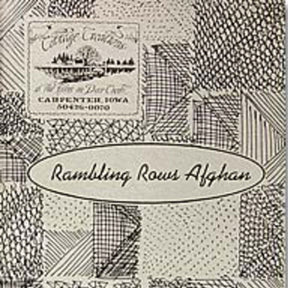 A black-and-white quilt pattern from Cottage Creations titled "Rambling Rows Afghan." The design features various geometric patterns and textures, with an oval label in the center displaying the afghan's name.