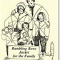 Illustration of six family members wearing matching Rambling Rows Jacket for the Family by Cottage Creations, adorned with seamless squares, standing together with arms around each other. A cat also wearing a similar jacket sits in front. The text below reads: "Rambling Rows Jacket for the Family.