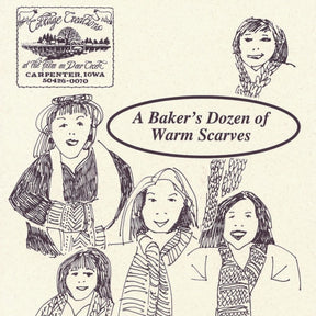 An illustration in black and white shows five individuals adorned with unisex scarves. Text reads "A Baker's Dozen of Warm Scarves." In the top left corner, the Cottage Creations logo is displayed along with an address in Carpenter, Iowa, and a phone number. One scarf highlights elaborate Aran lace patterns.