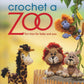 The cover of the book "Crochet a Zoo" by Martingale & Co features whimsical patterns of crocheted animal toys, including a giraffe, lions, and a monkey. The background showcases a softly blurred natural setting, with the crochet toys charmingly arranged on a small wooden fence.