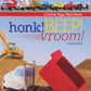 Cover of "Honk! BEEP! Vroom! - Crochet Toys that Move" by Martingale & Co, displaying crocheted toy vehicles such as cars and a cement mixer at the top, with a crocheted construction scene below. The background features a blurred image of a real excavator at a construction site, perfect for those seeking beginner-friendly instructions.