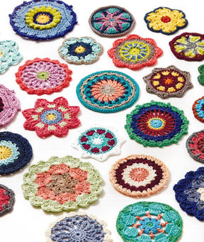 A collection of vibrant, intricately designed pieces from the “Crochet Kaleidoscope” by Ingram Content, laid out on a white background. The pieces feature a variety of patterns and yarn color combinations, including reds, blues, greens, and yellows, showcasing an array of circular and floral designs.