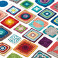 The Crochet Kaleidoscope from Ingram Content displays a vibrant array of granny squares on a white surface. Each square boasts diverse intricate patterns and yarn colors, showcasing a variety of stitches and designs. This visually dynamic arrangement highlights the creativity and artistry inherent in crochet work.